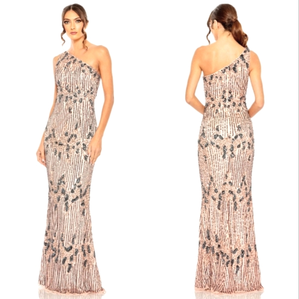 MacDuggal Gown, One Shoulder, Sequins, Apricot Gunmetal Tones, Fully Lined, Maxi